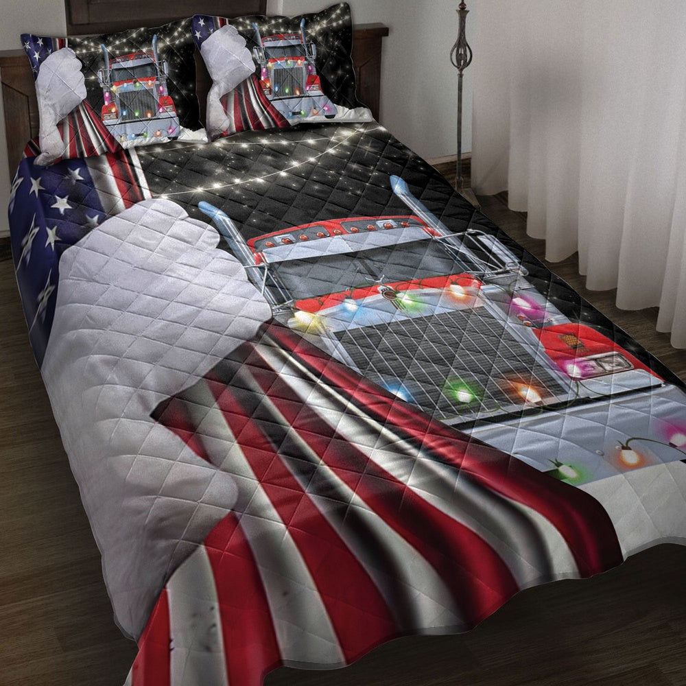 Red Truckmas String Light Snowflake Us Flag Trucker Bedding Set, Christmas Beddings, Xmas Bedding Sets