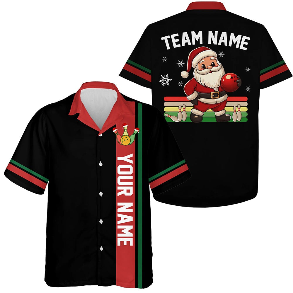 Retro Christmas Santa Bowling Hawaiian Shirt, Custom Xmas Team Bowling Button Up Shirts Black, Bowling Team Hawaiian