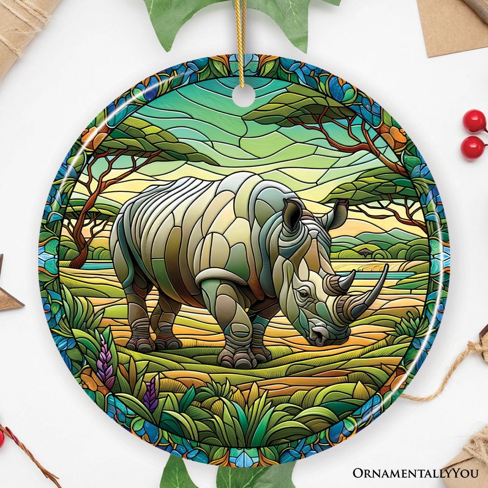 Rhinoceros Realm Expedition Stained Glass Style Ceramic Ornament, African Animals Christmas, Christmas Ornament