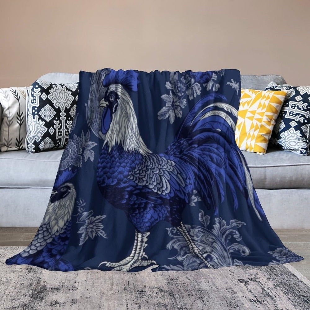 Rooster Chickens Navy Flower Pattern Blanket, Farm Blanket, Farm Animal Blanket