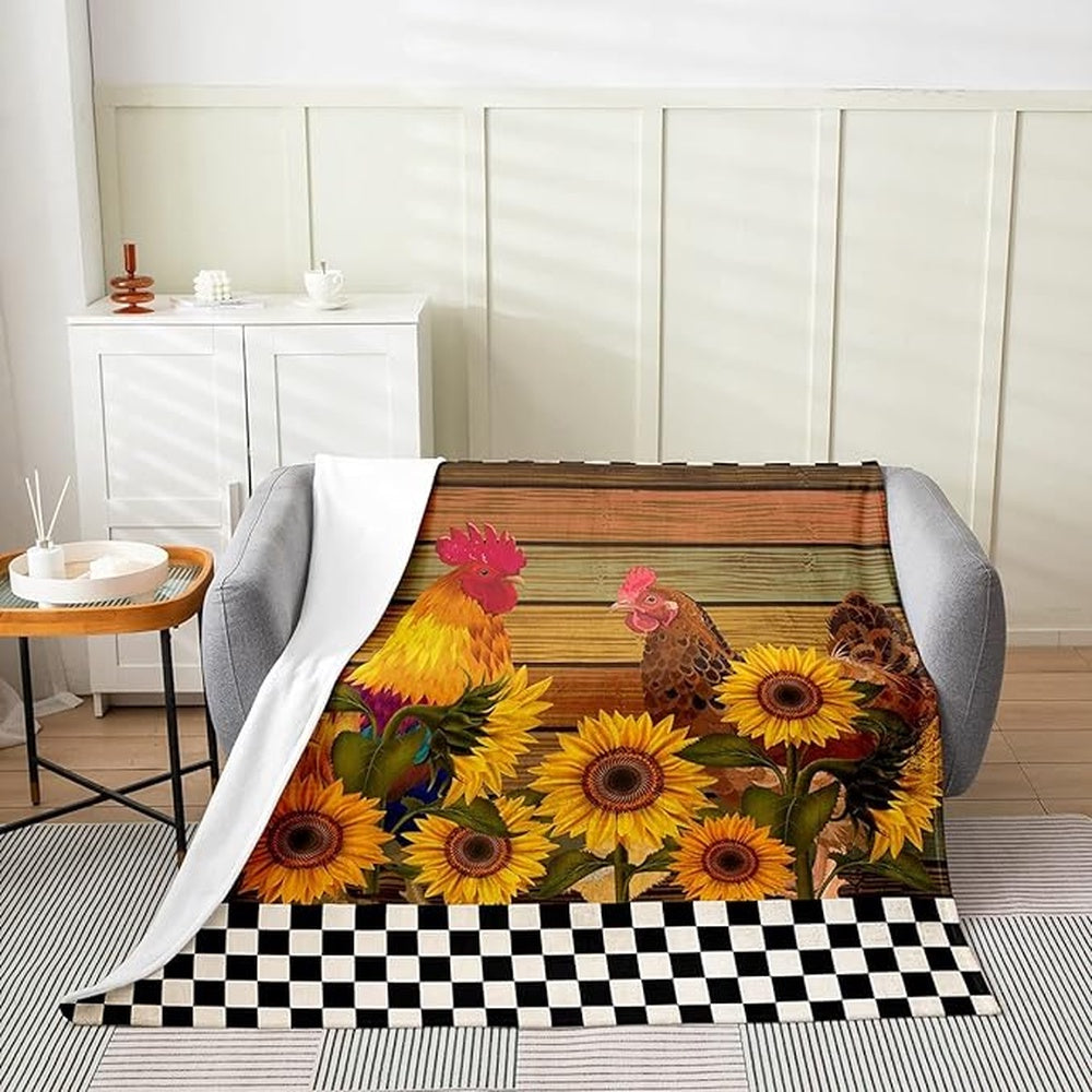 Rooster Chickens Sunflower Checkerboard Pattern Blanket, Farm Blanket, Farm Animal Blanket