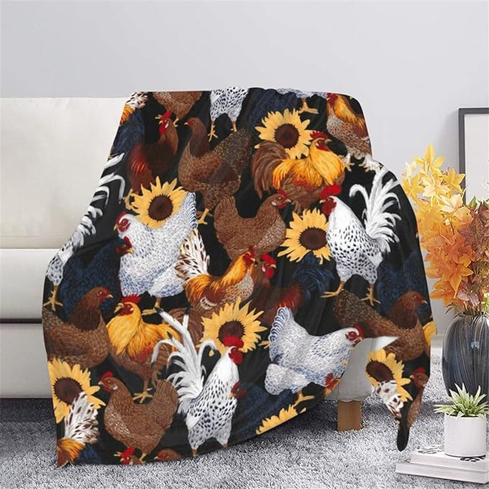 Rooster Chickens Sunflower Pattern 3D Printed Blanket, Farm Blanket, Farm Animal Blanket
