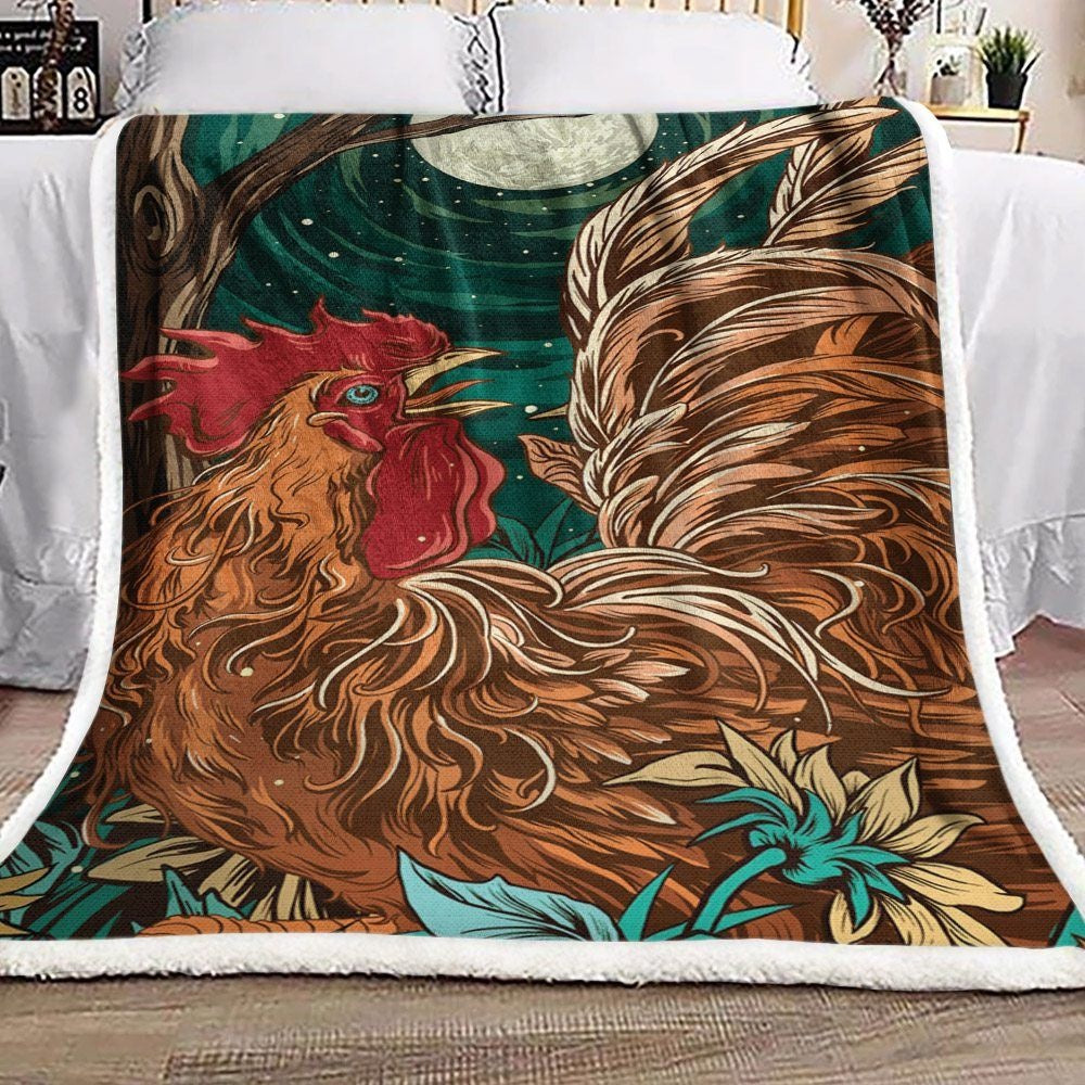 Rooster Chickens Under The Moon Art Blanket, Farm Blanket, Farm Animal Blanket