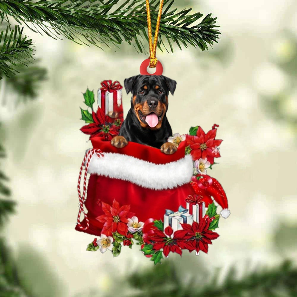 Rottweiler In Gift Bag Christmas Ornament, Car Ornaments, Ornament Gift Dog Lovers, Christmas Ornament