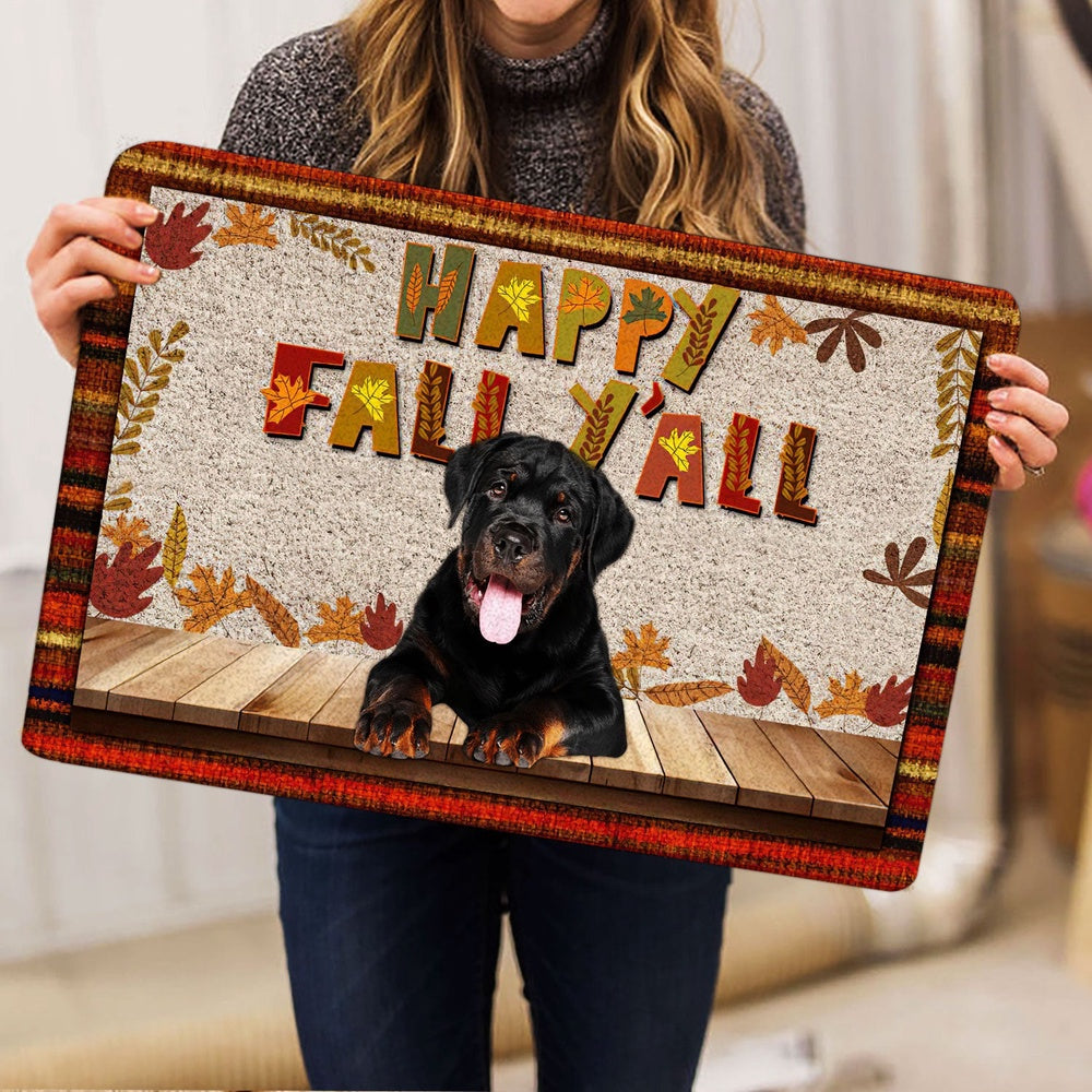 Rottweiler Welcome Doormat, Rottweiler Dog Happy Fall Y'all Pumpkin Spice Maple Leaf Welcome Doormat, Indoor Outdoor Doormat Home Decor