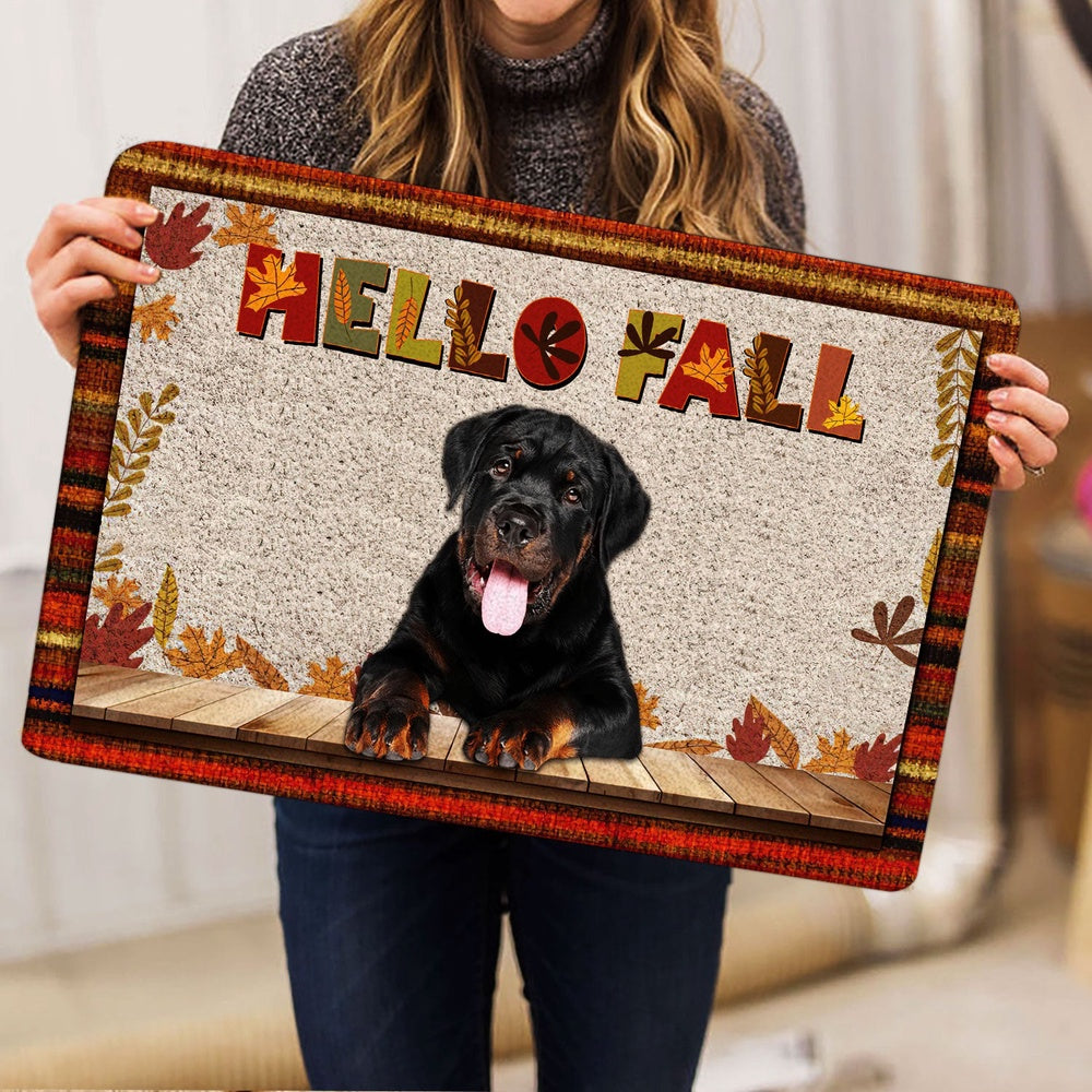 Rottweiler Welcome Doormat, Rottweiler Dog Hello Fall Pumpkin Spice Maple Leaf Autumn Welcome Doormat, Indoor Outdoor Doormat Home Decor