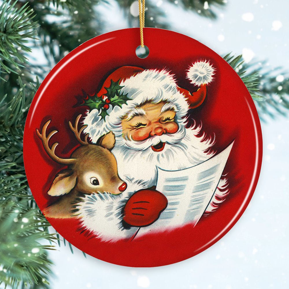 Santa and Baby Reindeer Singing a Christmas Carol Ornament, Christmas Ornament