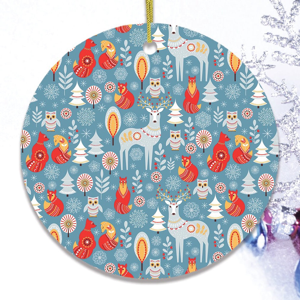 Scandinavian Folk Forest Animal Pattern Christmas Ornament, Deer, Fox, and Owl, Christmas Ornament