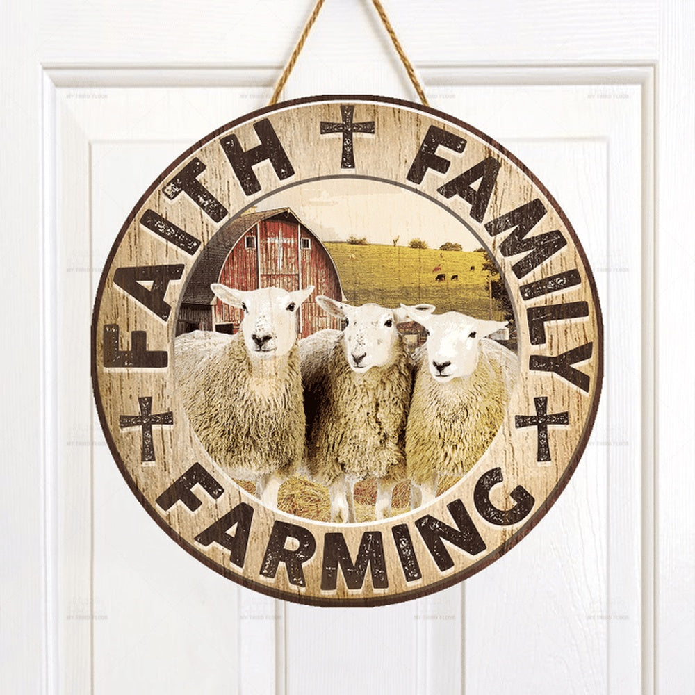 Sheep Cattle Lovers Faith Family Farming Round Wooden Sign, Farm Wood Sign, Farmhouse Decor Wooden Signs