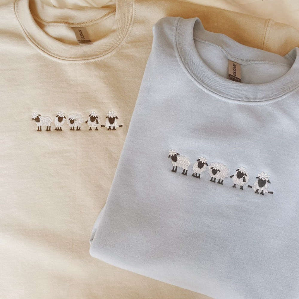 Sheep Embroidered Sweatshirt 2D Crewneck Sweatshirt For Women And Men, Christmas Embroidered, Christmas Gifts