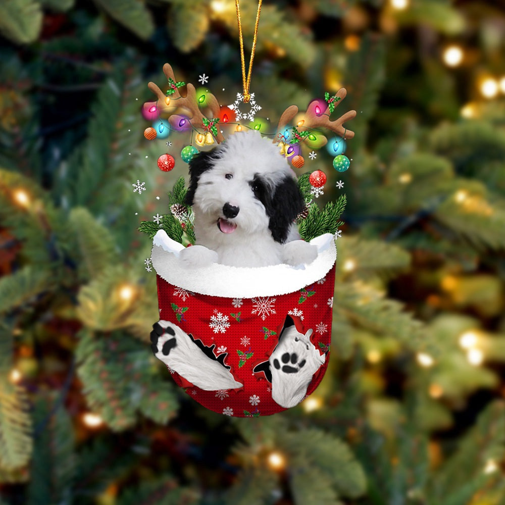 Sheepadoodle In Snow Pocket Christmas Ornament, Ornament Gift Dog Lovers, Christmas Ornament
