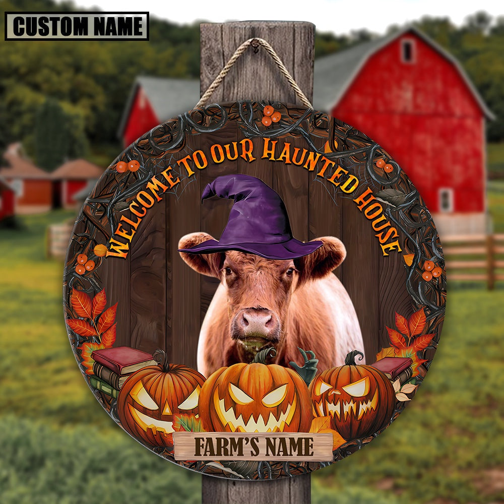 Short Horn Welcome To Our Haunted House Pattern Happy Halloween Wooden Sign, Farm Wood Sign, Farm House Wood Signs