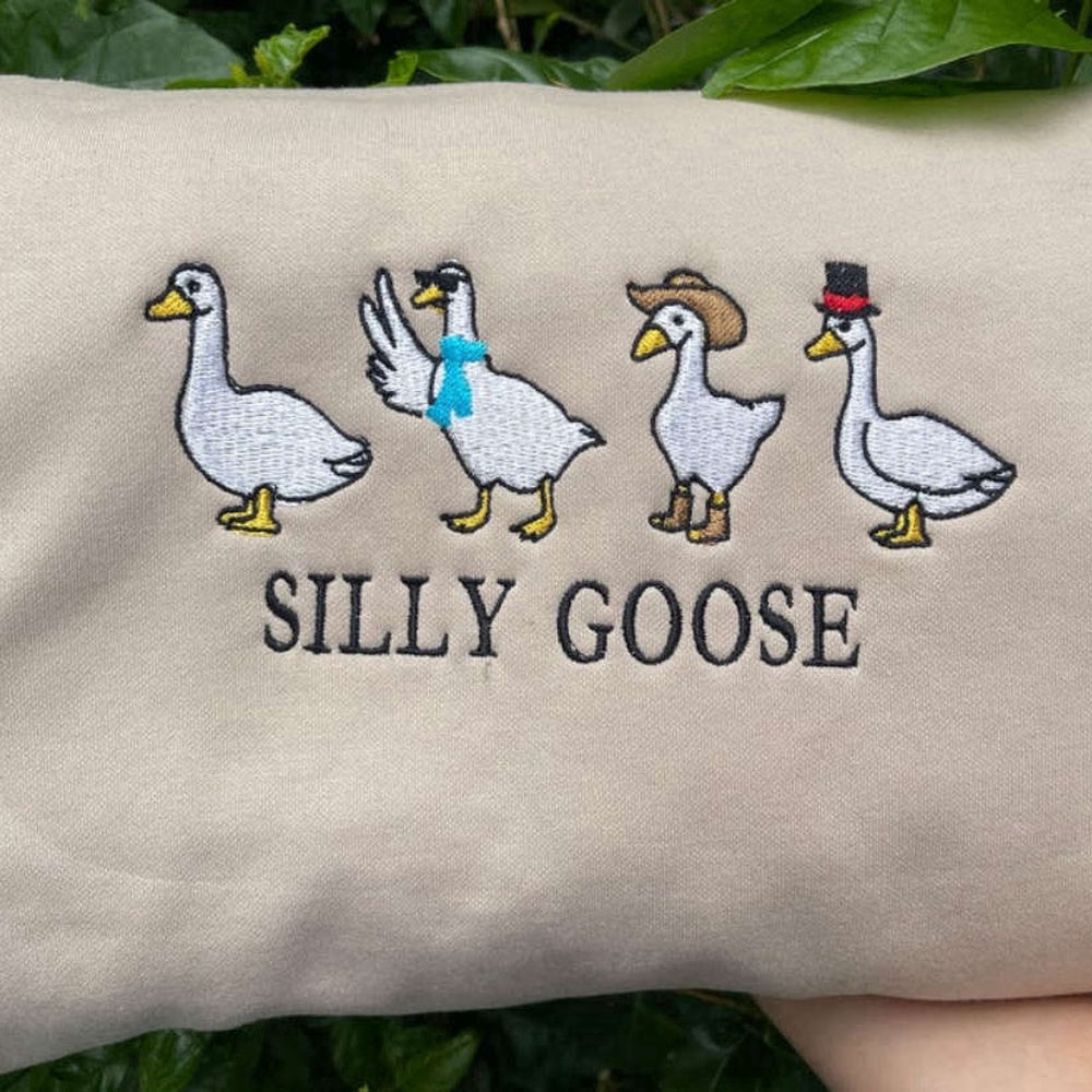 Silly Goose Embroidered Sweatshirt 2D Crewneck Sweatshirt For Family, Christmas Embroidered, Christmas Gifts
