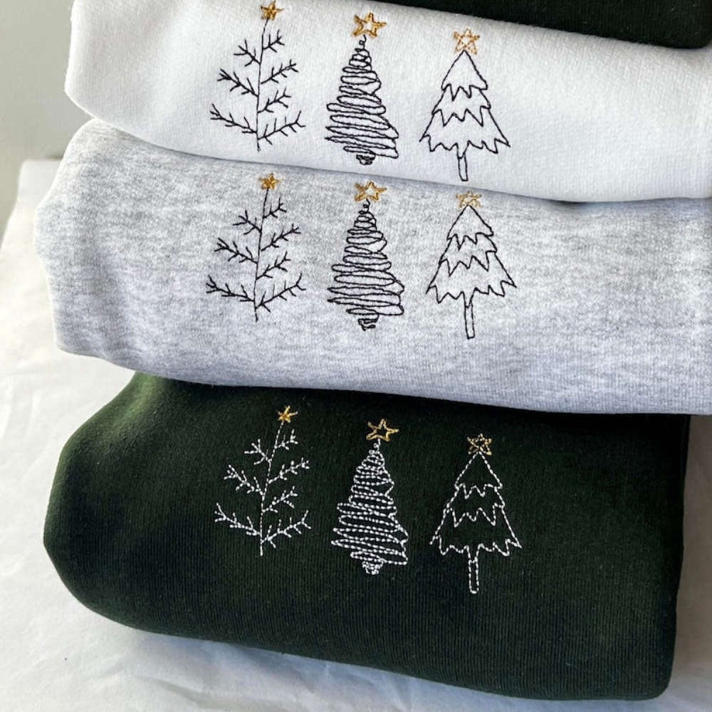 Simple Tree Doodles Embroidered Sweatshirt 2D Crewneck Sweatshirt For Men And Women, Christmas Embroidered, Christmas Gifts