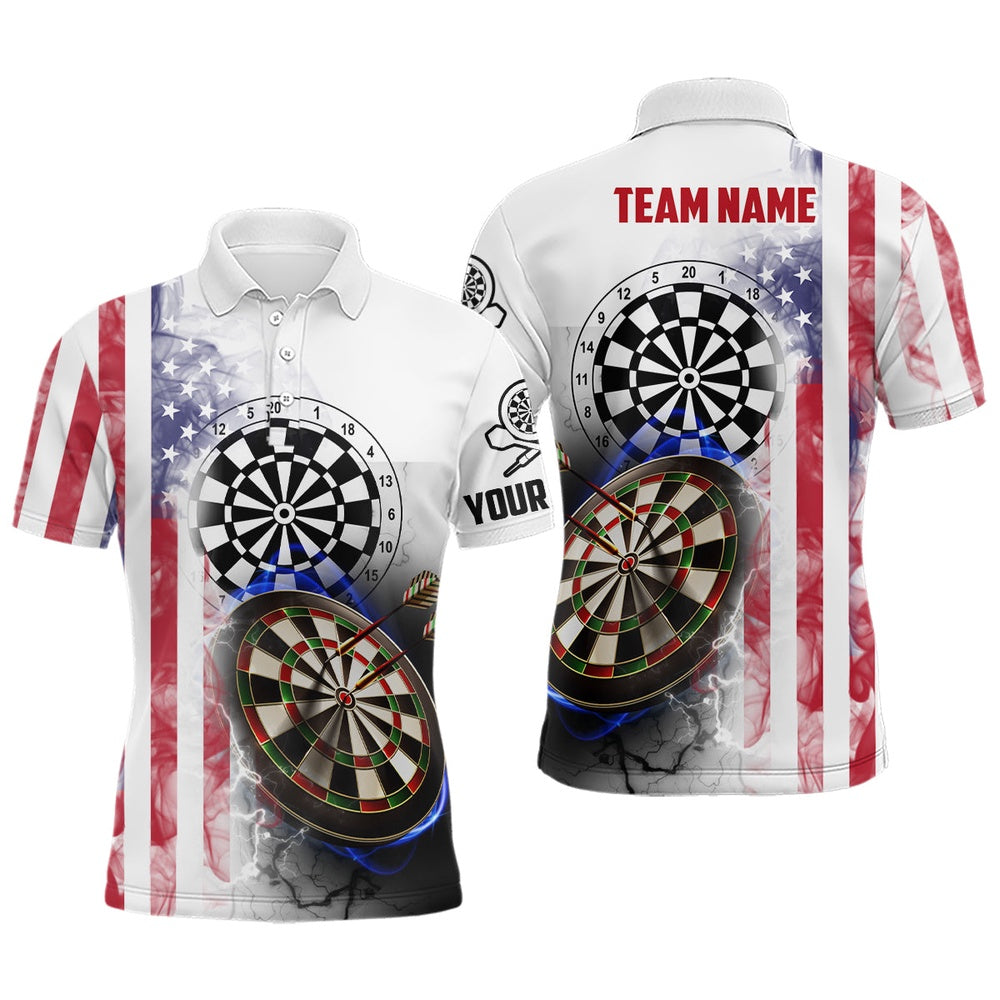 Smoky American Flag Mens Darts Polo Shirt Custom Patriotic Darts Shirt For Men Dart Polo, Darts Team Polo Shirt