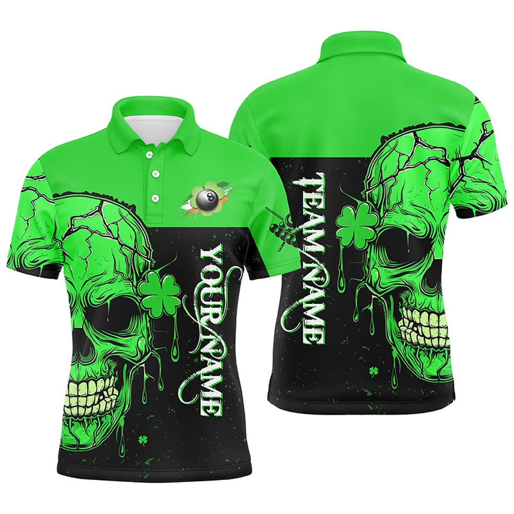 St Patrick'S Day Green Billiard Skull Custom Polo Shirts, Luckiest Patrick Day Billiard Shirts, Billiard Team Polo Shirts