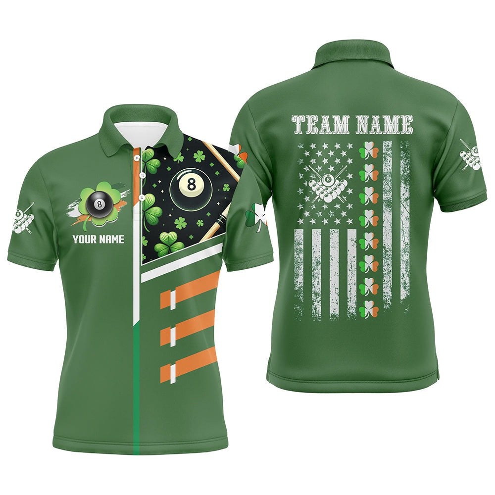 St Patrick's Day American Flag Custom Billiard Polo Shirts, Green Patrick Billiard Shirts, Billiard Team Polo Shirts