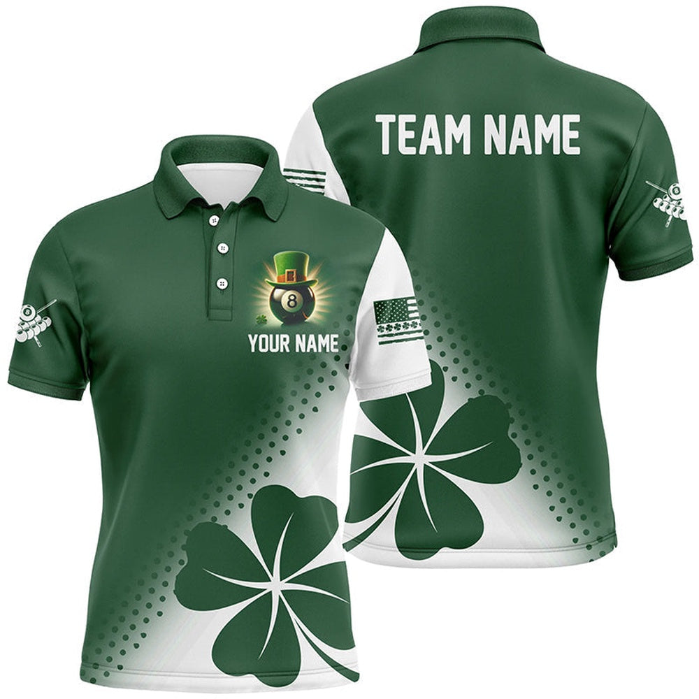 St Patrick's Day Green Clover Custom Billiard Polo Shirts, Patrick Day Lucky Billiard Shirts, Billiard Team Polo Shirts