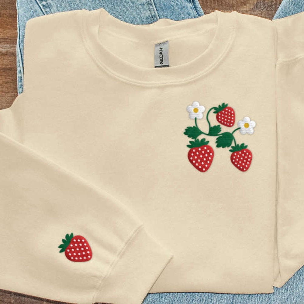 Strawberry Embroidered Sweatshirt 2D Crewneck Sweatshirt For Family, Christmas Embroidered, Christmas Gifts
