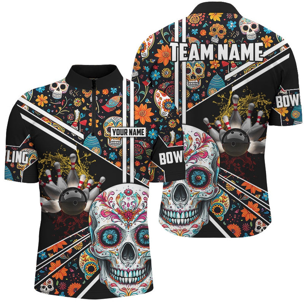 Sugar Skull Pattern Custom Mens Team Bowling Polo, Jersey Shirt, Halloween Team Bowling Jerseys, Bowling Jersey Shirt