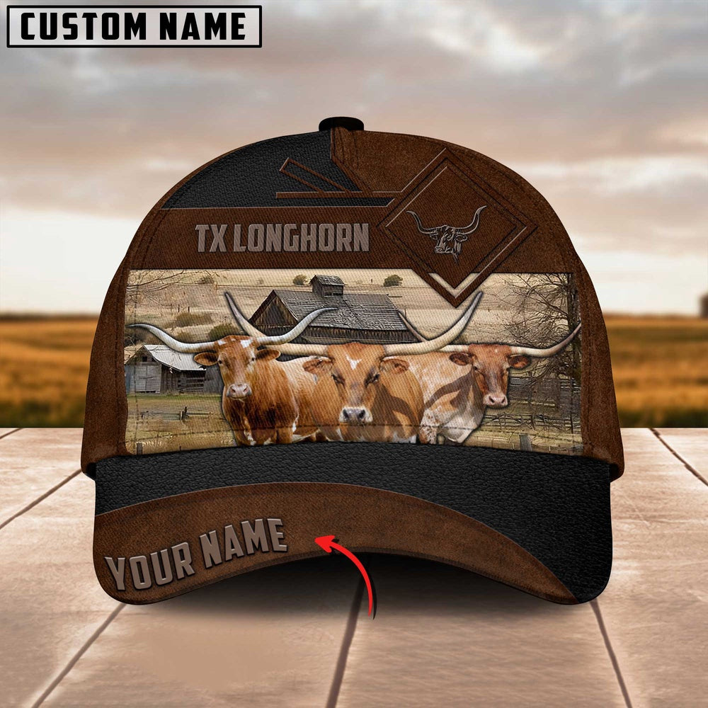 Texas Longhorn Custom Name Brown Leather Pattern Cap, Farmer Cap, Cap For Farmers, Best Farm Hat, Farm Use Hat