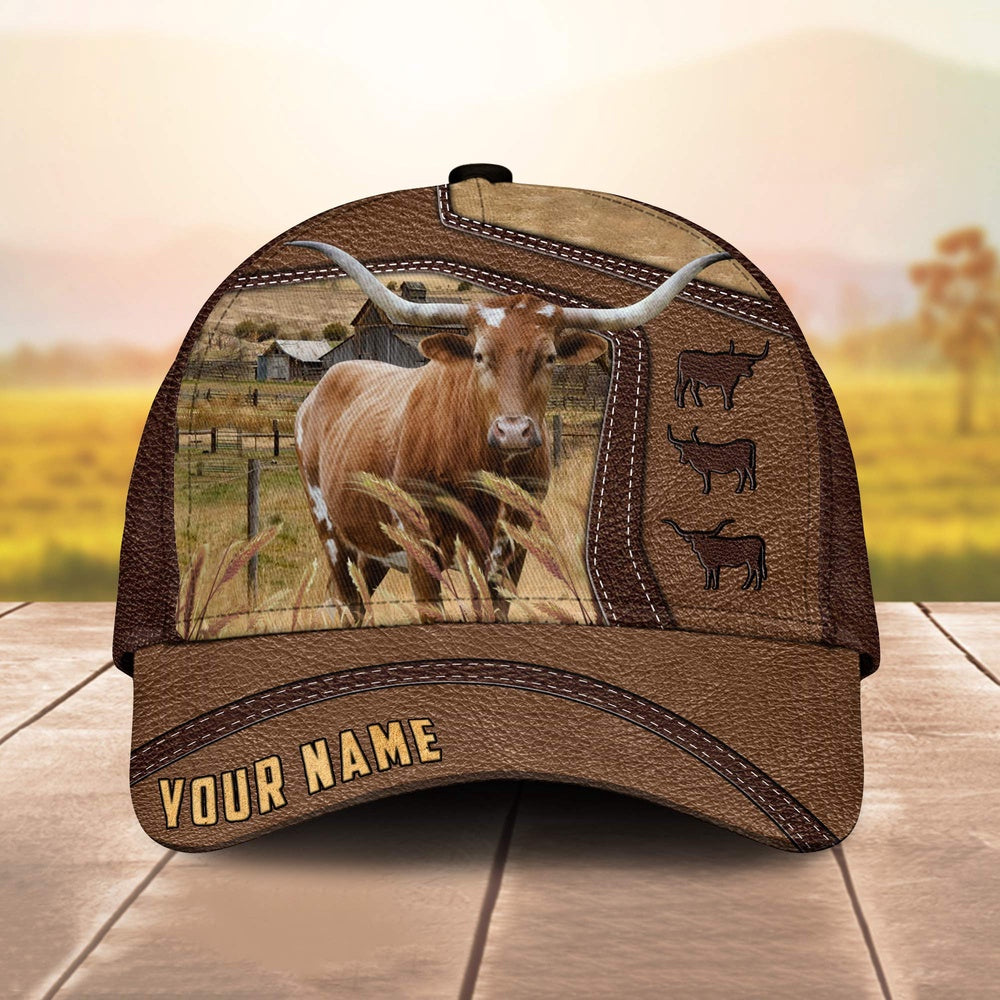 Texas Longhorn Customized Name Brown Leather Pattern Cap, Farmer Cap, Cap For Farmers, Best Farm Hat, Farm Use Hat
