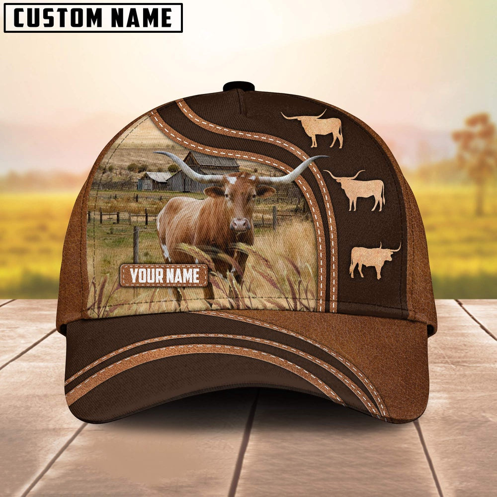 Texas Longhorn Leather Brown Pattern Customized Name Cap, Farmer Cap, Cap For Farmers, Best Farm Hat, Farm Use Hat