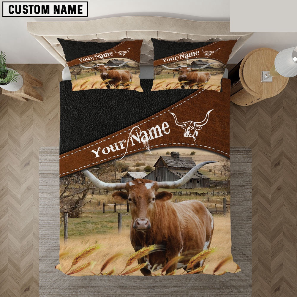 Texas Longhorn On The Field Customized Name Bedding Set, Farm Bedding Set, Farmhouse Bedding Set