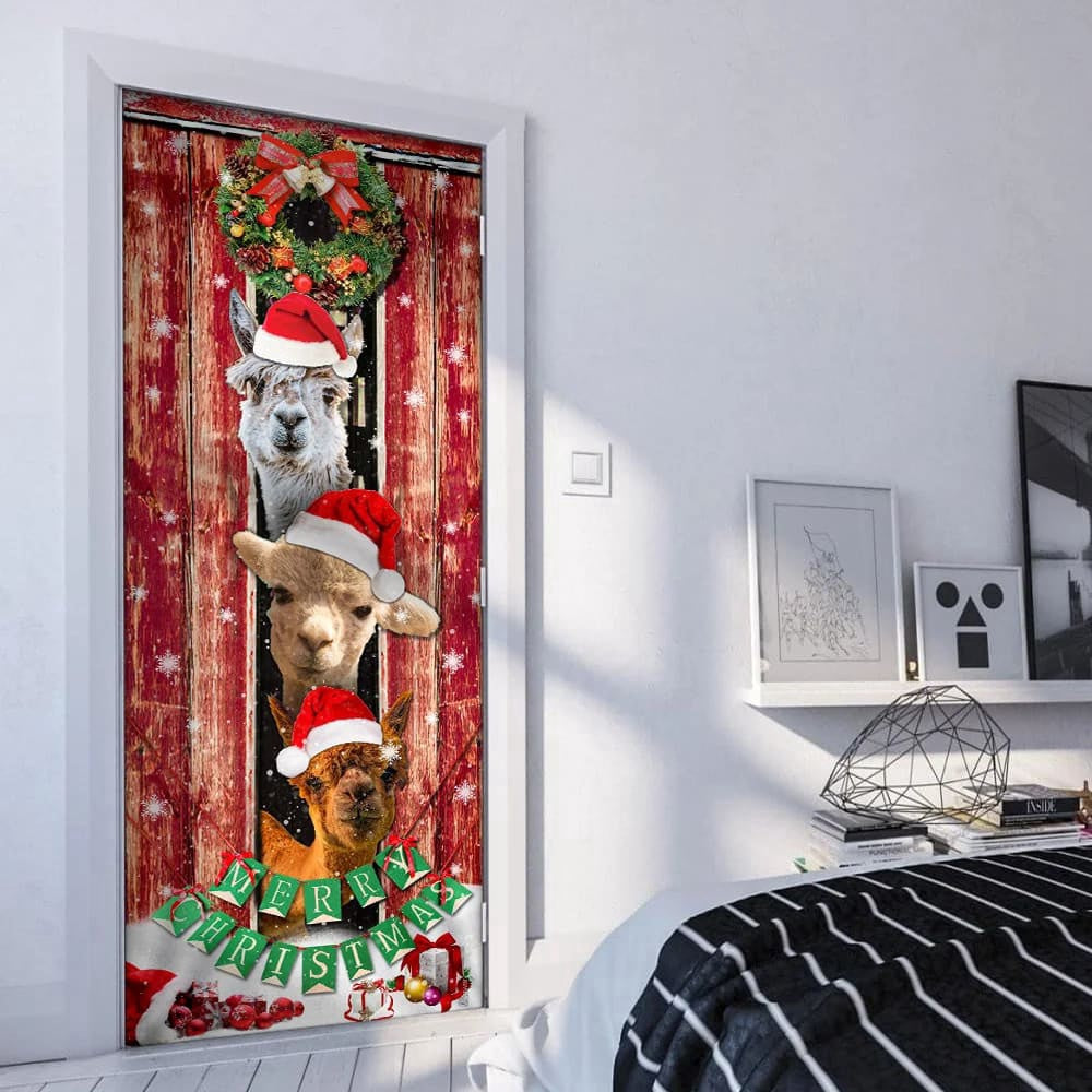 Three Alpacas Happy Place Door Cover, Front Door Christmas Cover, Christmas Outdoor Decoration, Christmas Gift Decor