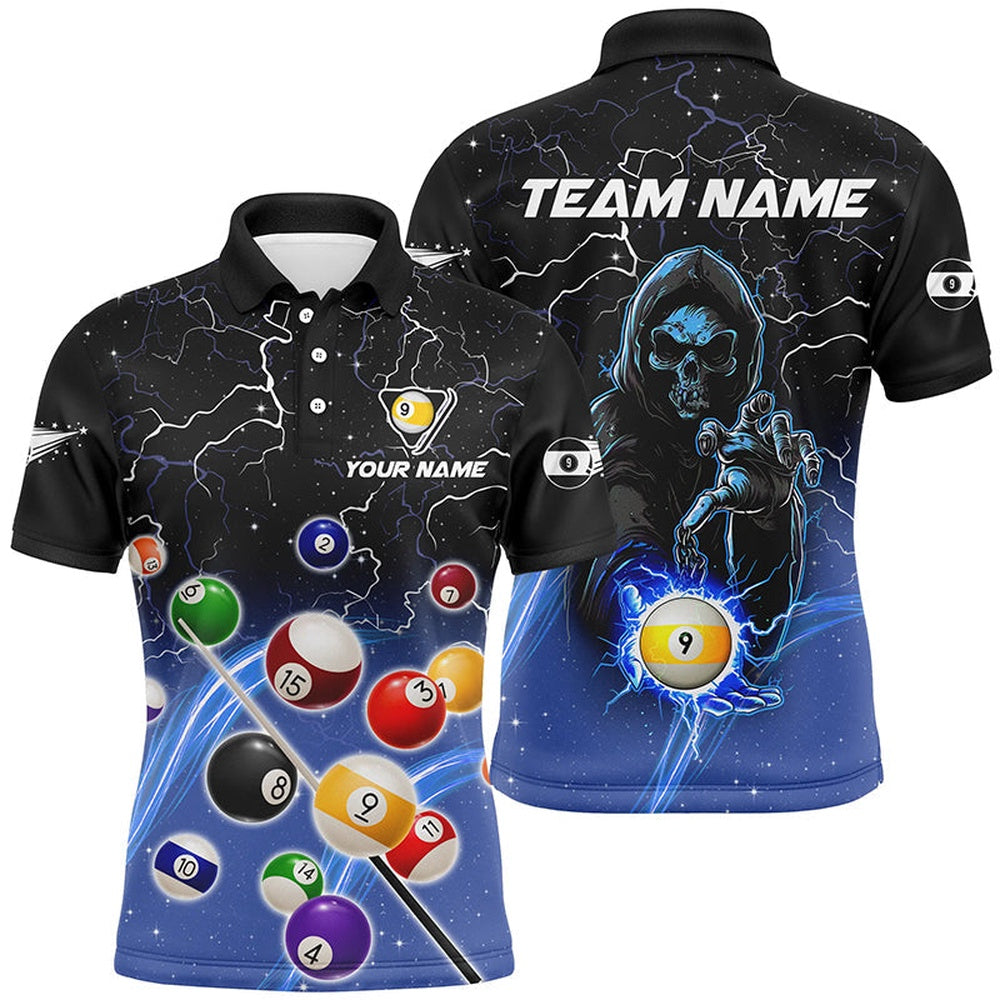 Thunder Lighting Blue Billiard Balls Polo Shirts Personalized Skull 9 Ball Pool Shirts, Billiard Team Polo Shirts