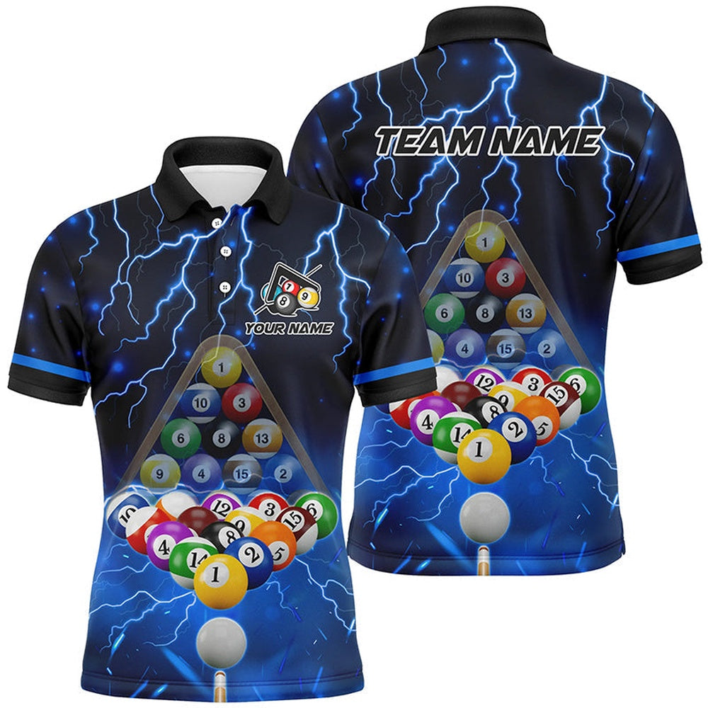 Thunder Lightning Storm Custom 3D Billiard Shirts, Billiard Balls Team Polo Blue, Billiard Team Polo Shirts