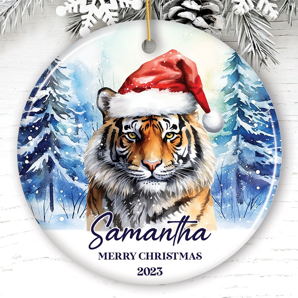 Tiger with Santa Hat Personalized Ornament, Winter Forest Christmas, Christmas Ornament, Personalized Ornaments