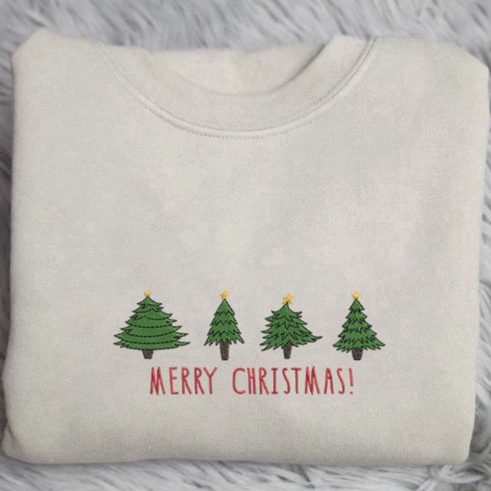 Tree Christmas Embroidery Sweatshirt, Embroidery Crewneck Sweatshirt For Family, Christmas Embroidered, Christmas Gifts