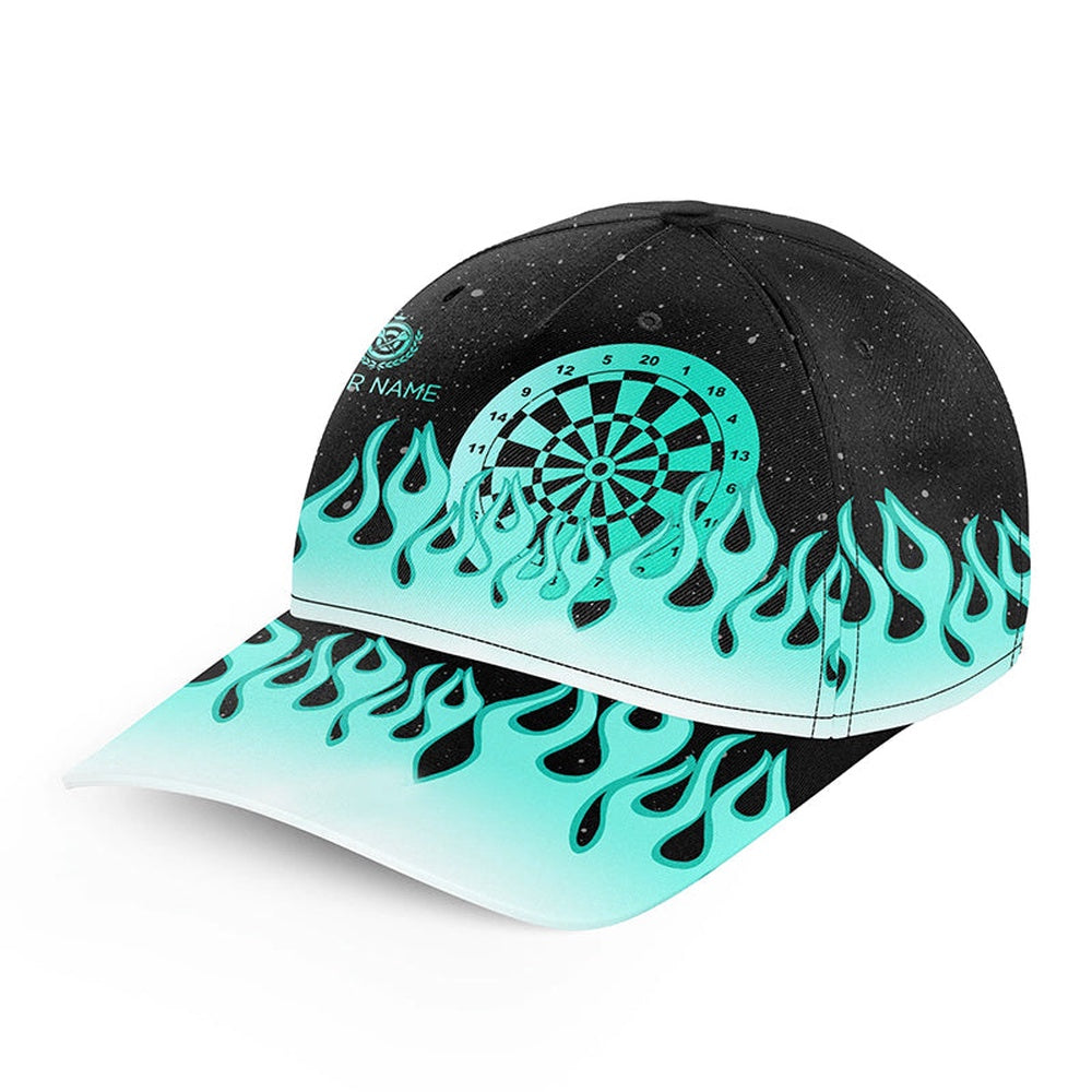 Turquoise Dartboard Fire Flame Darts Cap Custom 3D Baseball Darts Hats For Darts Player, Darts Team Cap Hats
