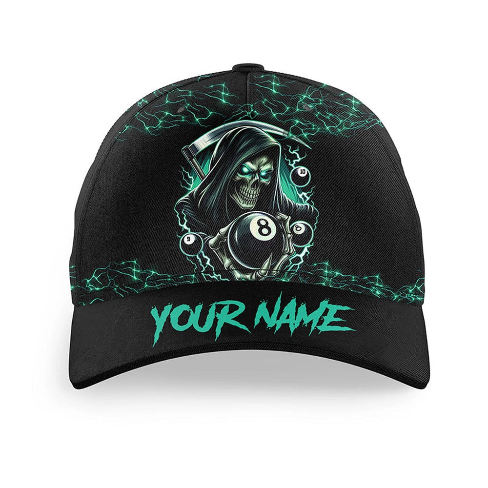 Turquoise Funny Death Skeleton3D Printed Billiard Caps Custom Name 8 Ball Pool Billiard Hats Gifts, Personalized Billiard Team Cap Hats
