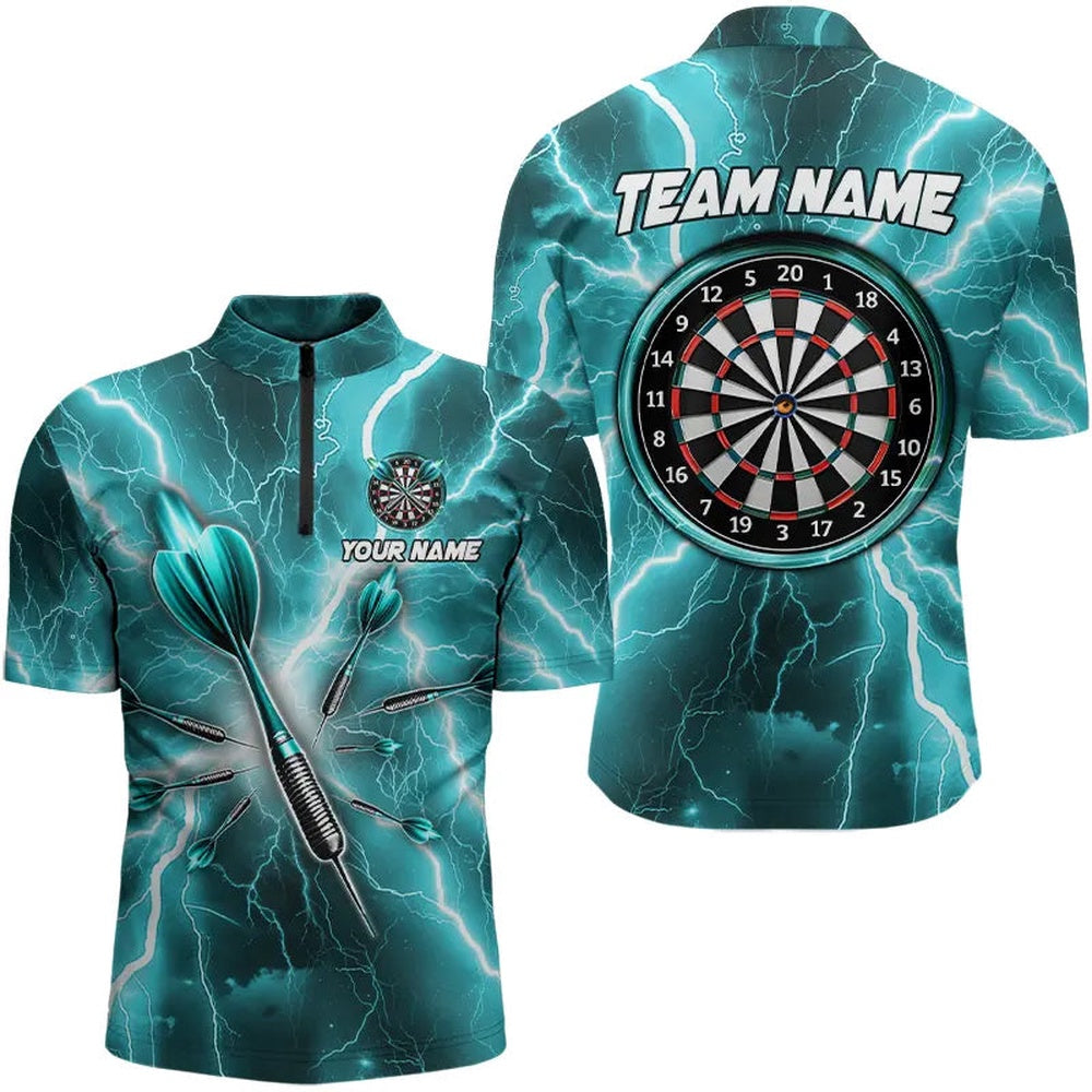 Turquoise Thunder Lightning 3D Men Darts Jerseys Custom Dart Shirt For Men Dart Jersey, Darts Team Jersey Shirt
