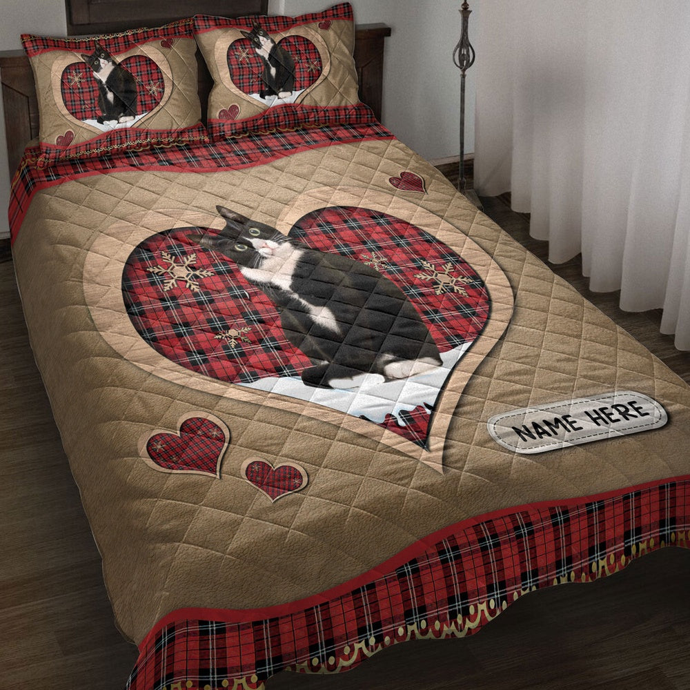Tuxedo Catmas Heart Red Plaid Bedding Set, Christmas Beddings, Xmas Bedding Sets