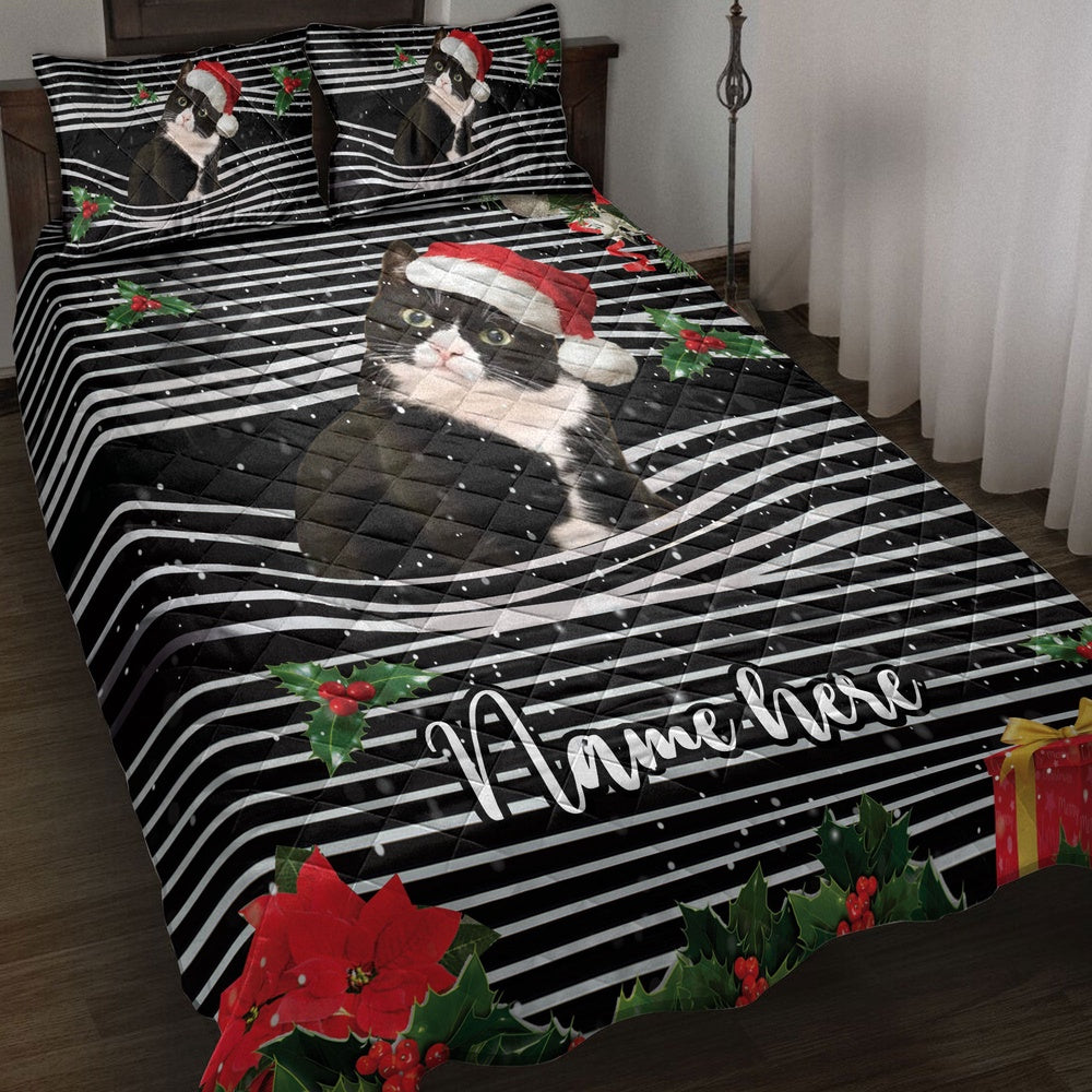 Tuxedo Catmas Striped With Santa Hat Bedding Set, Christmas Beddings, Xmas Bedding Sets