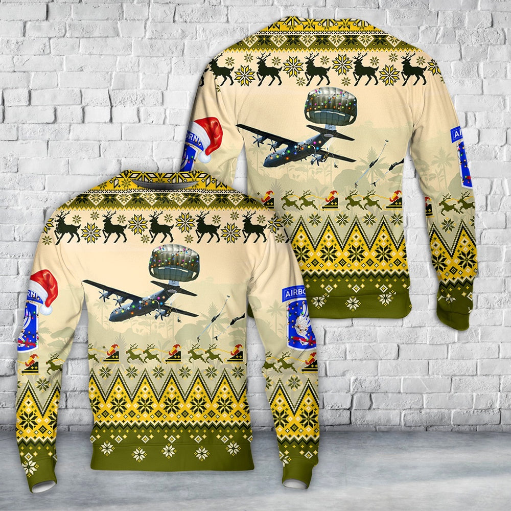 US Army 173rd Airborne Brigade jump from an 86th Air Wing C-130 Hercules aircraft onto Juliet Drop Zone Christmas Sweater, Christmas Ugly Sweater