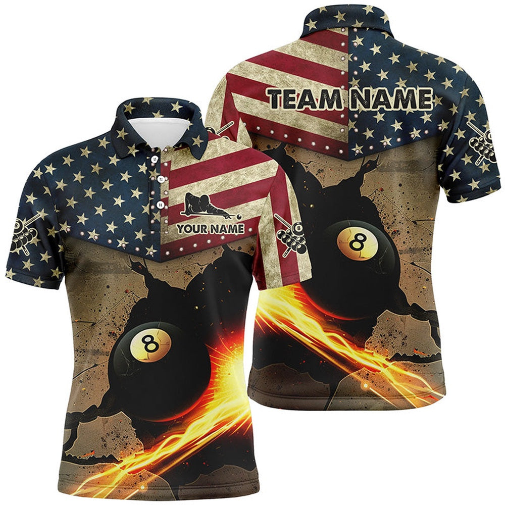 US Flag Funny 8 Ball Pool In Cracked Wall Custom Billiards Shirts, Father's Day Billiard Gifts, Billiard Team Polo Shirts