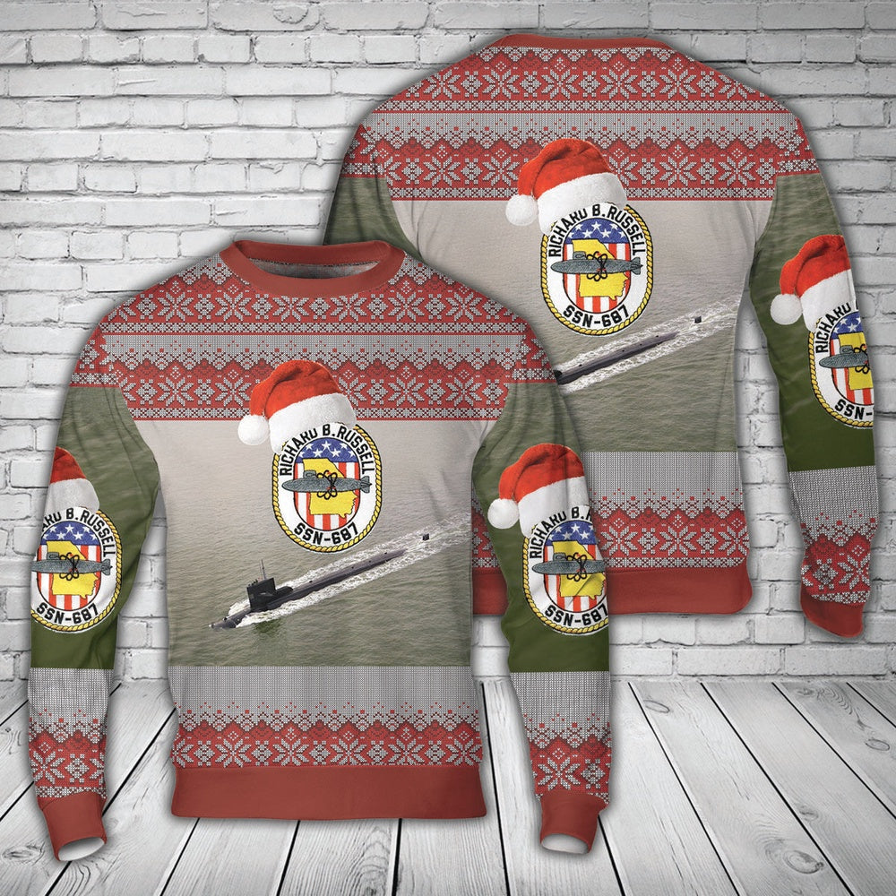 US Navy USS Richard B. Russell (SSN-687) Christmas AOP Sweater, Christmas Ugly Sweater, Sweater Xmas, Ugly Sweater