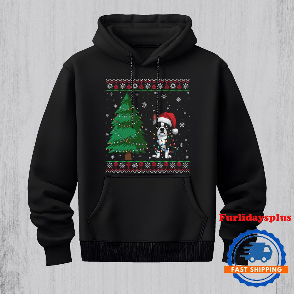 Ugly Christmas Sweater Style Xmas Lights Boston Terrier Hoodie, Christmas T Shirt, Christmas Sweatshirt
