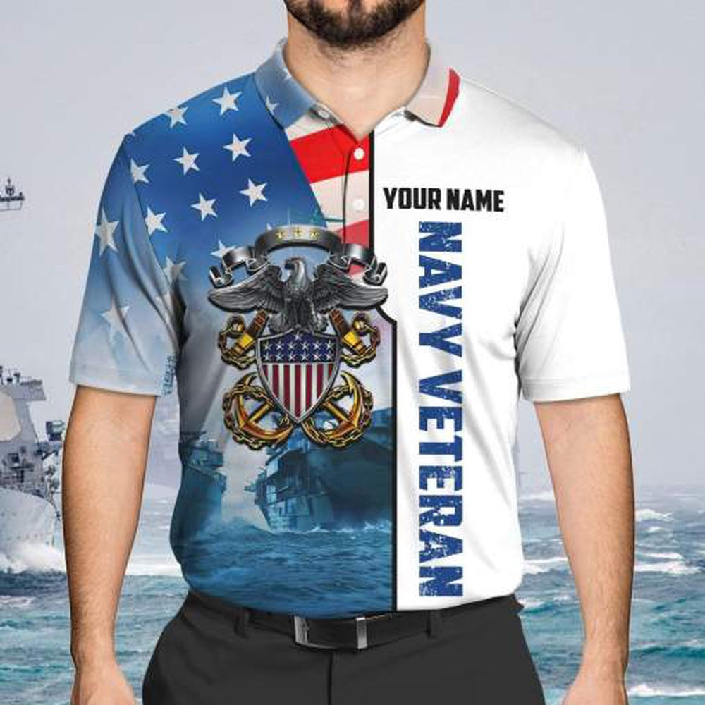 Veteran Polo Shirt, Custom Name Navy Veteran Eagle And Anchors American Flag Polo Shirt