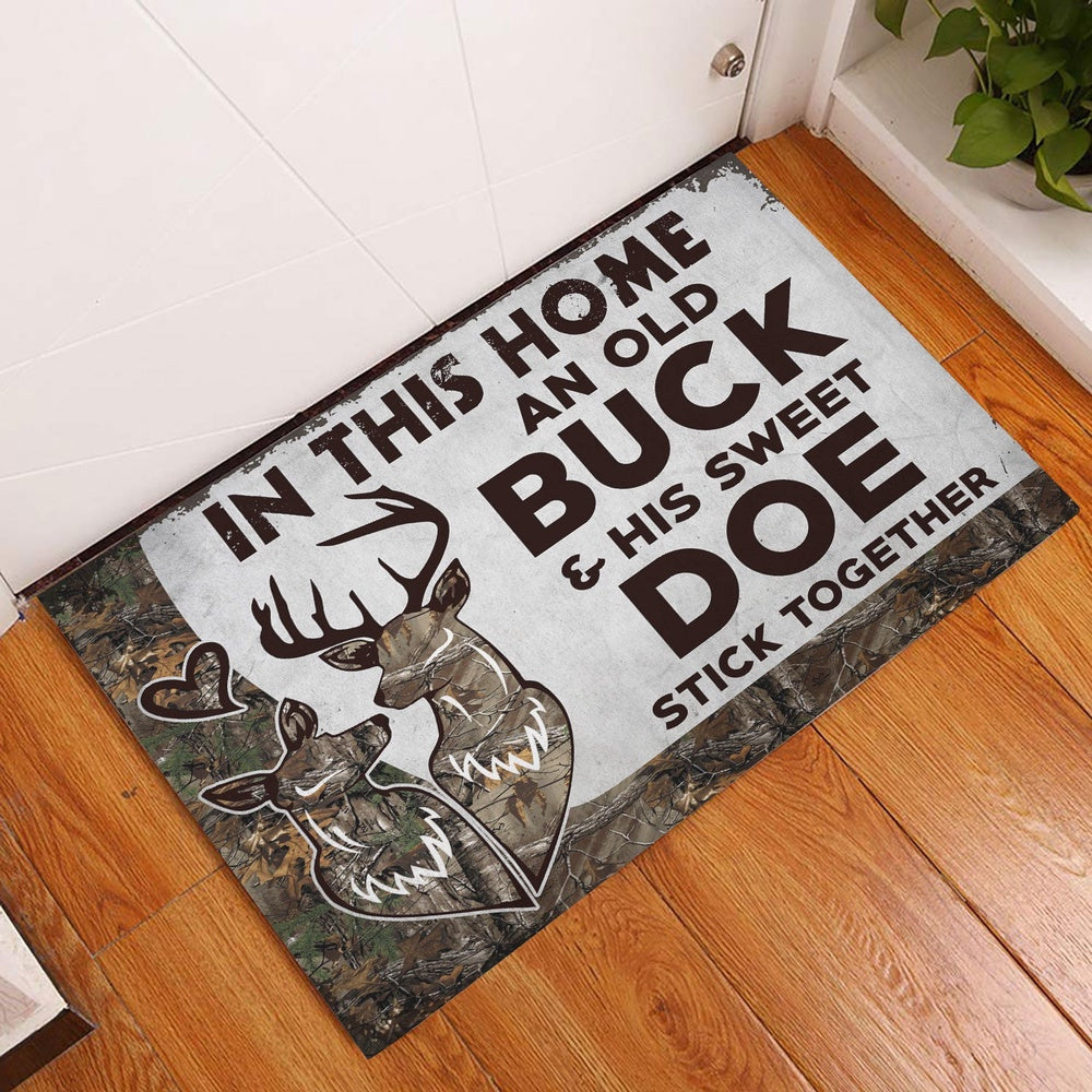 Welcome Doormat, In This Home An Old Buck & His Sweet Doe Stick Together Couple Welcome Doormat, Indoor Outdoor Doormat Home Decor