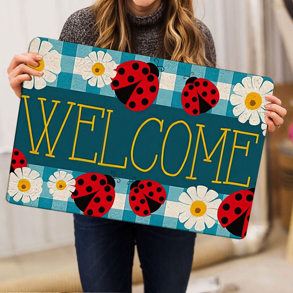 Welcome Doormat, Ladybugs Daisy Garden Welcome Happy Spring Black & White Tartan Welcome Doormat, Indoor Outdoor Doormat Home Decor