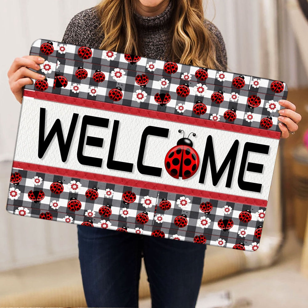 Welcome Doormat, Ladybugs Garden Welcome Happy Spring Black & White Tartan Welcome Doormat, Indoor Outdoor Doormat Home Decor