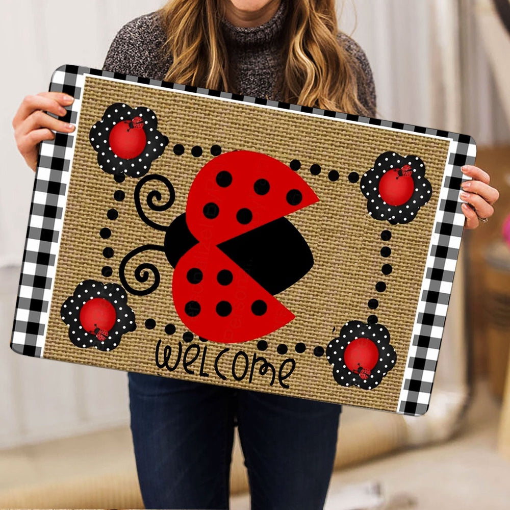 Welcome Doormat, Ladybugs on Leaves Garden Welcome Happy Spring Brown Welcome Doormat, Indoor Outdoor Doormat Home Decor