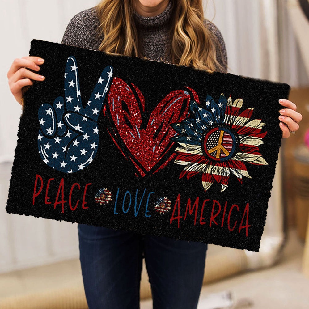 Welcome Doormat, Peace Love America Patriotic 4th of July Happy Independence Day Welcome Doormat, Indoor Outdoor Doormat Home Decor