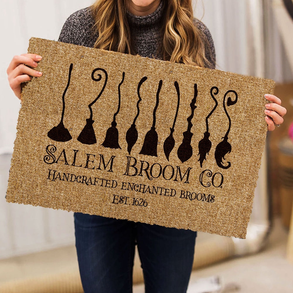 Welcome Doormat, Salem Broom Co. Handcrafted Enchanted Brooms Est. 1626 Brown Welcome Doormat, Indoor Outdoor Doormat Home Decor