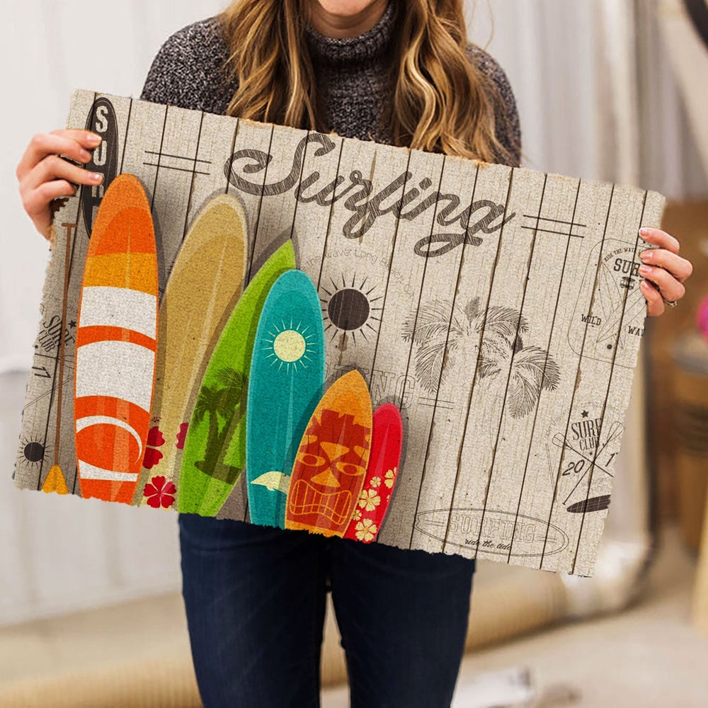Welcome Doormat, Surfing Surfboard Beach Life Hello Summer Beige Wood Pattern Welcome Doormat, Indoor Outdoor Doormat Home Decor